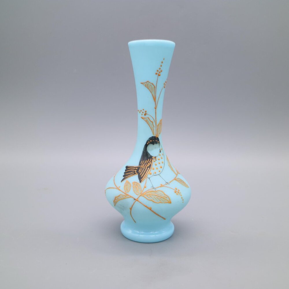 Antique Victorian Blue Bristol Glass Vase with Hand Painted Bird and Floral